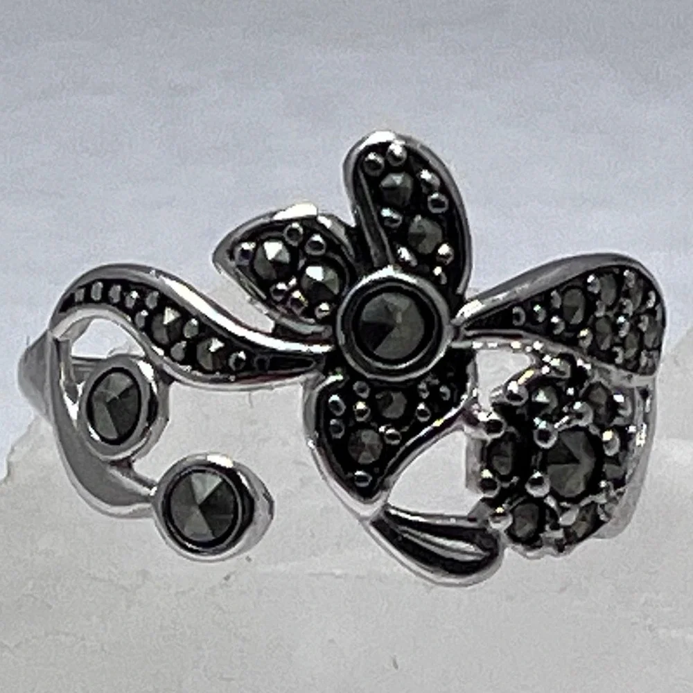 NVC Sterling Silver Marcasite‎ Floral Bypass Ring 925 Vtg Flower Size 6